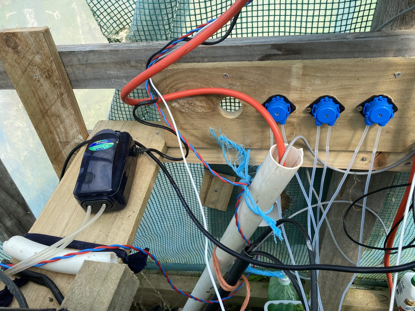 A dark blue aquarium air pump on a wooden shelf with two clear tubes leaving it, mounted next to the three blue peristaltic dosing pumps