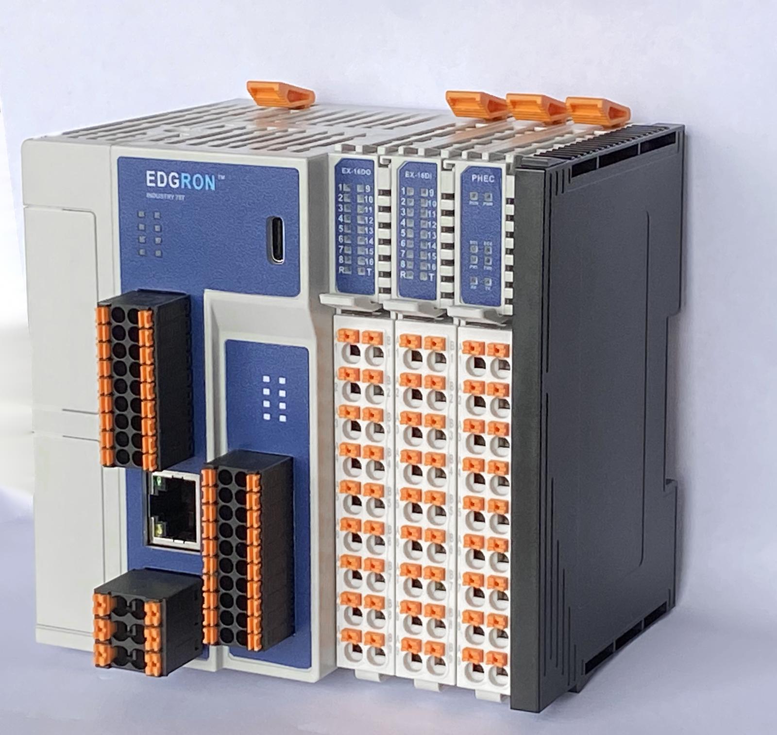 Industry 757 controller with EX-16DO, EX-16DI and PH-EC expansion modules and the EX-BUS entry board, DIN-rail enclosures