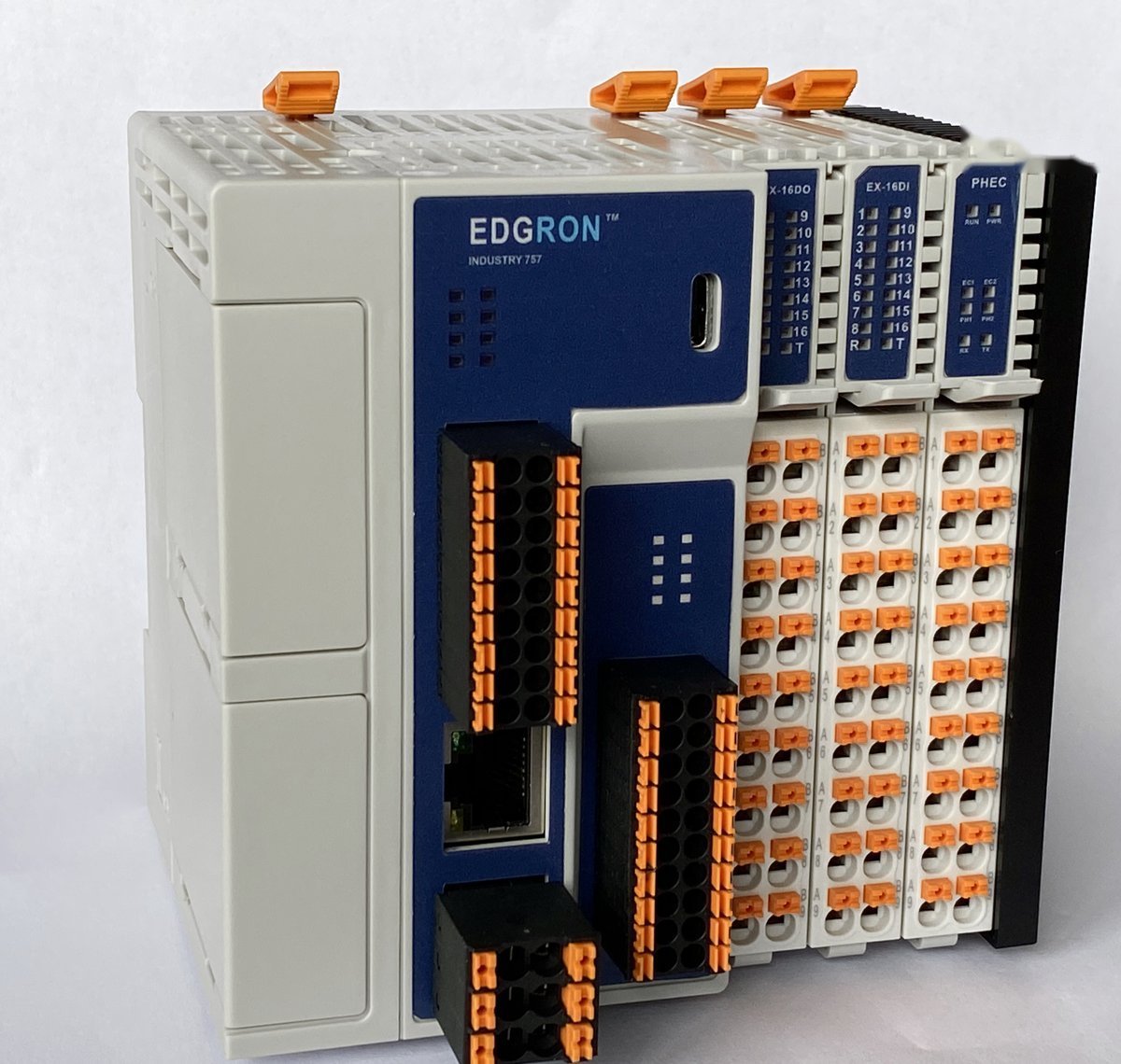 Controller with three expansion modules and the EX-BUS board, seen from the right